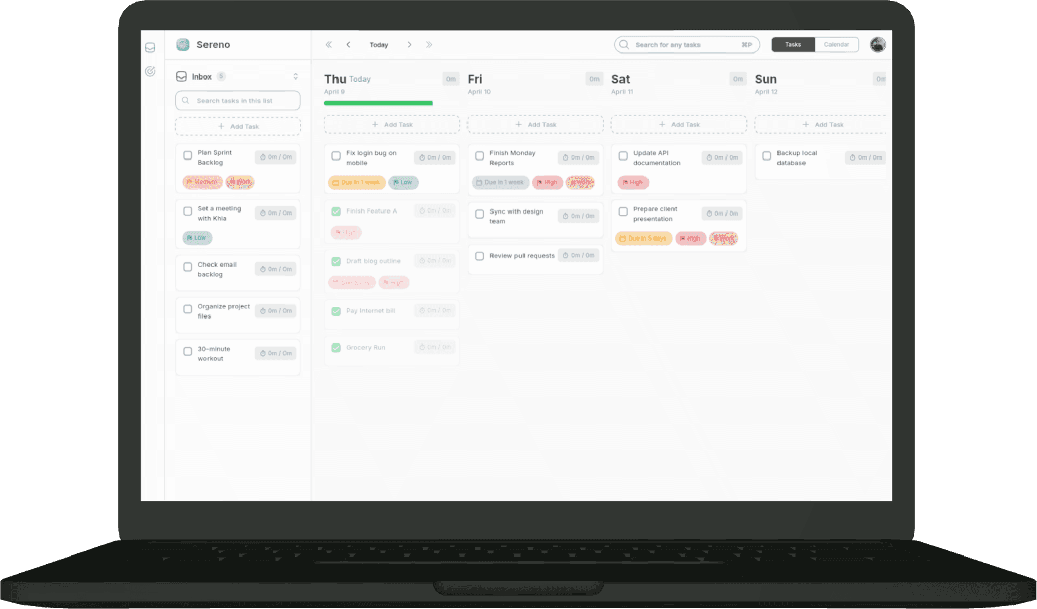 Sereno Planner desktop app for Windows and Mac showing weekly task management