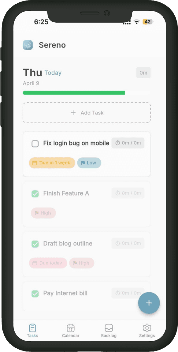 Sereno Planner mobile app for iOS and Android with task management interface