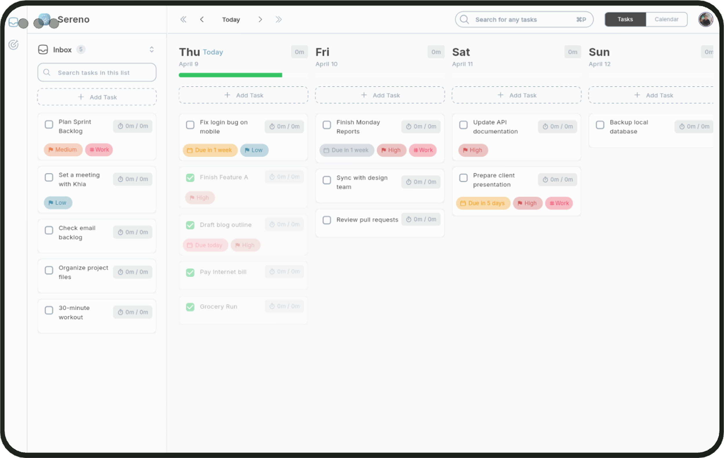 Sereno Planner web app interface showing weekly task view with calendar integration
